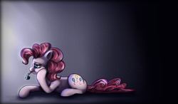 Size: 2494x1460 | Tagged: safe, artist:not-ordinary-pony, imported from derpibooru, pinkie pie, earth pony, pony, female, mare, prone, sad, solo