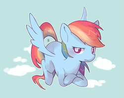 Size: 945x749 | Tagged: safe, artist:haden-2375, imported from derpibooru, rainbow dash, pegasus, pony, cloud, crossed hooves, cute, dashabetes, female, flying, mare, multicolored hair, solo