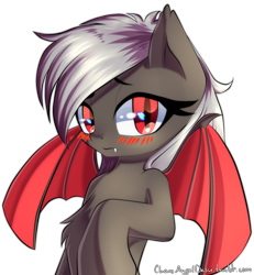 Size: 1850x2000 | Tagged: safe, artist:chaosangeldesu, imported from derpibooru, oc, oc only, oc:dusty fang, bat pony, pony, bat pony oc, blushing, chest fluff, dissatisfied, fangs, red eyes, simple background, slit eyes, slit pupils, solo, transparent background