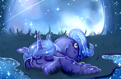 Size: 1000x657 | Tagged: safe, artist:mikenlos, imported from derpibooru, princess luna, alicorn, pony, color porn, cute, eyes closed, female, filly, flop, grass, lunabetes, moon, night, prone, s1 luna, sleeping, solo, spread wings, stars, wings, woona, younger