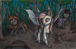 Size: 800x525 | Tagged: safe, artist:dany-the-hell-fox, imported from derpibooru, fluttershy, oc, bat pony, jackalope, pony, bat pony oc, fangs, female, flutterbat, forest, mare, race swap, traditional art, tree, unshorn fetlocks