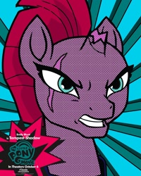 Size: 1500x1875 | Tagged: safe, imported from derpibooru, tempest shadow, pony, unicorn, my little pony: the movie, broken horn, emily blunt, eye scar, female, horn, mare, modern art, movie poster, my little pony logo, official, pop art, poster, scar, solo, sunburst background