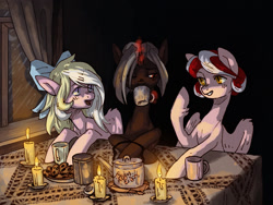 Size: 1651x1243 | Tagged: safe, artist:koviry, imported from derpibooru, oc, oc only, oc:bay breeze, oc:cherry blossom, bow, candle, magic, mug, rain, trio