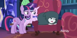 Size: 1420x716 | Tagged: safe, imported from derpibooru, screencap, rarity, starlight glimmer, twilight sparkle, alicorn, pony, unicorn, it isn't the mane thing about you, cloak, clothes, discovery family logo, female, mare, sulking, trio, twilight sparkle (alicorn), twilight's castle