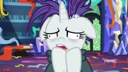 Size: 1655x927 | Tagged: safe, imported from derpibooru, screencap, rarity, pony, unicorn, it isn't the mane thing about you, derp, discovery family logo, faic, female, floppy ears, mare, raribald, rariderp, solo, twilight's castle