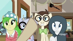 Size: 1920x1080 | Tagged: safe, imported from derpibooru, screencap, gizmo, mr. waddle, rarity, earth pony, pony, unicorn, it isn't the mane thing about you, background pony, bowtie, bucktooth, chipped tooth, cloak, clothes, discovery family logo, female, glasses, male, mare, stallion, unnamed character, unnamed pony