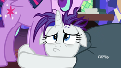 Size: 1920x1080 | Tagged: safe, imported from derpibooru, screencap, rarity, starlight glimmer, twilight sparkle, alicorn, pony, unicorn, it isn't the mane thing about you, discovery family logo, female, floppy ears, mare, pouting, raribald, twilight sparkle (alicorn), twilight's castle