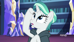 Size: 1920x1080 | Tagged: safe, imported from derpibooru, screencap, rarity, pony, unicorn, it isn't the mane thing about you, alternate hairstyle, discovery family logo, female, mare, solo, twilight's castle
