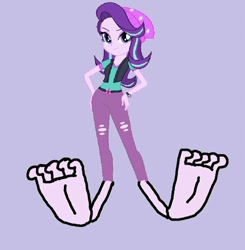 Size: 642x654 | Tagged: safe, artist:richarddawson, imported from derpibooru, starlight glimmer, equestria girls, beanie, feet, female, fetish, foot fetish, foot focus, hat, looking at you, purple background, simple background, smiling, solo, why, wtf, you tried