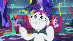 Size: 1920x1080 | Tagged: safe, imported from derpibooru, screencap, rarity, starlight glimmer, twilight sparkle, alicorn, pony, unicorn, it isn't the mane thing about you, discovery family logo, female, floppy ears, mare, raribald, twilight sparkle (alicorn), twilight's castle