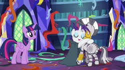 Size: 1920x1080 | Tagged: safe, imported from derpibooru, screencap, rarity, twilight sparkle, zecora, alicorn, pony, unicorn, zebra, it isn't the mane thing about you, butt, discovery family logo, female, hug, mare, plot, twilight sparkle (alicorn), twilight's castle