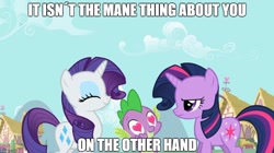 Size: 888x499 | Tagged: safe, imported from derpibooru, rarity, spike, twilight sparkle, dragon, pony, unicorn, it isn't the mane thing about you, female, heart eyes, image macro, male, mare, meme, wingding eyes