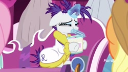 Size: 1920x1080 | Tagged: safe, imported from derpibooru, screencap, applejack, rarity, earth pony, pony, unicorn, it isn't the mane thing about you, alternate hairstyle, clothes, comfort eating, discovery family logo, eating, fainting couch, female, food, ice cream, mare, marshmelodrama, raribald, robe