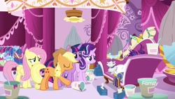 Size: 1920x1080 | Tagged: safe, imported from derpibooru, screencap, applejack, fluttershy, opalescence, rarity, starlight glimmer, twilight sparkle, alicorn, earth pony, pegasus, pony, unicorn, it isn't the mane thing about you, alternate hairstyle, clothes, discovery family logo, fainting couch, female, food, ice cream, mare, marshmelodrama, punk, raripunk, robe, twilight sparkle (alicorn)