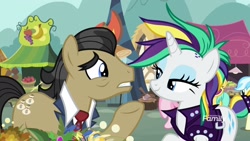 Size: 1920x1080 | Tagged: safe, imported from derpibooru, screencap, filthy rich, rarity, earth pony, pony, unicorn, it isn't the mane thing about you, alternate hairstyle, clothes, discovery family logo, dollar sign, eye contact, female, frown, gritted teeth, lidded eyes, looking at each other, male, mare, mohawk, raripunk, smiling, stallion, underhoof, worried