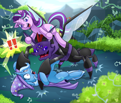 Size: 1500x1278 | Tagged: safe, artist:vavacung, imported from derpibooru, pharynx, starlight glimmer, trixie, changeling, pony, unicorn, to change a changeling, cape, changeling mega evolution, clothes, disguise, disguised changeling, exclamation point, female, hat, male, mare, on back, ponies riding changelings, riding, trixie's cape, trixie's hat