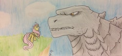 Size: 600x277 | Tagged: safe, artist:fallenangel5414, imported from derpibooru, fluttershy, kaiju, crossover, godzilla, godzilla (monsterverse), godzilla (series), godzilla 2014, hill, legendarygoji, monsterverse, scared, scenery, size difference