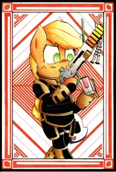 Size: 2213x3282 | Tagged: safe, artist:mustachedbain, imported from derpibooru, applejack, anthro, earth pony, pony, semi-anthro, unguligrade anthro, arm hooves, body armor, chibi, clothes, female, freckles, green eyes, gun, hatless, heavy machine gun, hoof hold, mare, mask, missing accessory, patterned background, reloading, solo, story included, traditional art, two toned background, weapon