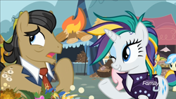 Size: 1920x1080 | Tagged: safe, imported from derpibooru, screencap, filthy rich, rarity, earth pony, pony, unicorn, it isn't the mane thing about you, alternate hairstyle, background pony, campfire, discovery family logo, dollar sign, female, male, mare, mohawk, one eye closed, raripunk, stallion, wink