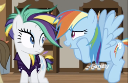 Size: 874x568 | Tagged: safe, imported from derpibooru, screencap, davenport, rainbow dash, rarity, pegasus, pony, unicorn, it isn't the mane thing about you, alternate hairstyle, cropped, discovery family logo, female, male, mare, raripunk, stallion