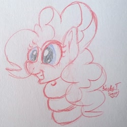 Size: 1796x1796 | Tagged: safe, artist:binkyt11, derpibooru exclusive, imported from derpibooru, pinkie pie, earth pony, pony, it isn't the mane thing about you, coiling, elastic, female, grin, impossibly long neck, mare, pencil drawing, smiling, solo, spiral, stretchy, traditional art, twisted neck