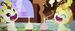 Size: 3774x1592 | Tagged: safe, imported from derpibooru, screencap, pound cake, pumpkin cake, it isn't the mane thing about you, blowing, candle, cheese, colt, cupcake, female, filly, food, male, open mouth