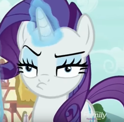 Size: 424x416 | Tagged: safe, imported from derpibooru, screencap, rarity, pony, unicorn, it isn't the mane thing about you, discovery family logo, faic, female, mare, rarity is not amused, solo, unamused