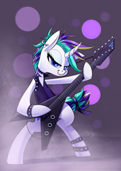 Size: 2480x3507 | Tagged: safe, artist:underpable, imported from derpibooru, rarity, pony, unicorn, it isn't the mane thing about you, alternate hairstyle, bad guitar anatomy, bipedal, clothes, crossing the memes, curved horn, ear piercing, electric guitar, female, flying v, guitar, guitarity, looking at you, mare, meme, metal, musical instrument, piercing, punk, raripunk, smiling, solo