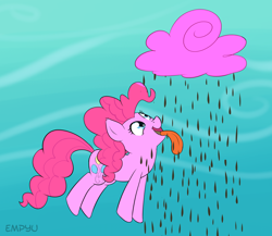 Size: 1000x867 | Tagged: safe, artist:empyu, imported from derpibooru, pinkie pie, earth pony, pony, 30 minute art challenge, chocolate, chocolate rain, cloud, cotton candy, cotton candy cloud, female, food, mare, open mouth, rain, solo, tongue out