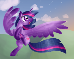 Size: 1000x800 | Tagged: safe, artist:sallindaemon, imported from derpibooru, twilight sparkle, alicorn, pony, female, flying, mare, open mouth, sky, smiling, solo, twilight sparkle (alicorn)