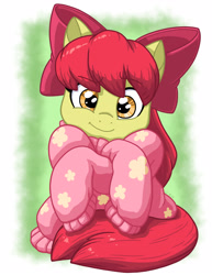 Size: 2550x3300 | Tagged: safe, artist:latecustomer, imported from derpibooru, apple bloom, earth pony, pony, adorabloom, clothes, cute, female, filly, hnnng, looking at you, oversized clothes, smiling, sweater