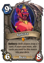 Size: 400x569 | Tagged: safe, artist:imalou, imported from derpibooru, sphinx (character), sphinx, daring done?, beast, card, crossover, hearthstone, legendary, trading card, trading card game, warcraft