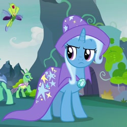 Size: 720x720 | Tagged: safe, imported from derpibooru, screencap, lokiax, soupling, trixie, changedling, changeling, pony, to change a changeling, cropped, frenulum (g4), solo focus