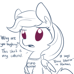 Size: 1650x1650 | Tagged: safe, artist:tjpones, imported from derpibooru, rainbow dash, pegasus, pony, cheek fluff, clothes, confused, dialogue, ear fluff, female, innocent, mare, oblivious, offscreen character, shirt, simple background, solo, vulgar, white background