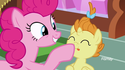 Size: 1920x1080 | Tagged: safe, imported from derpibooru, screencap, pinkie pie, pumpkin cake, it isn't the mane thing about you, :p, boop, cute, discovery family logo, eyes closed, grin, nose wrinkle, smiling, squee, tongue out