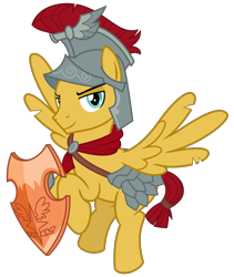 Size: 2700x3200 | Tagged: safe, artist:cheezedoodle96, imported from derpibooru, flash magnus, pegasus, pony, campfire tales, .svg available, armor, flying, helmet, lidded eyes, looking at you, male, netitus, royal legion, shield, simple background, smiling, solo, stallion, svg, torn wings, transparent background, vector