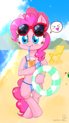 Size: 743x1320 | Tagged: safe, artist:yunyeyoung, imported from derpibooru, pinkie pie, pony, beach, bipedal, drink, female, inner tube, solo, straw, sunglasses