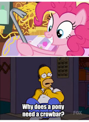 Size: 640x868 | Tagged: safe, imported from derpibooru, pinkie pie, it isn't the mane thing about you, crowbar, exploitable meme, homer simpson, meme, the simpsons