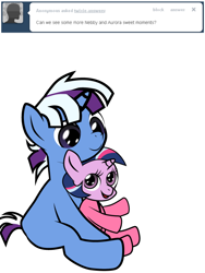 Size: 600x800 | Tagged: safe, artist:dekomaru, imported from derpibooru, oc, oc only, oc:aurora, oc:nebula, pony, unicorn, tumblr:ask twixie, ask, baby, baby pony, colt, female, filly, magical lesbian spawn, male, offspring, parent:trixie, parent:twilight sparkle, parents:twixie, siblings, tumblr