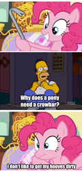 Size: 640x1336 | Tagged: safe, imported from derpibooru, pinkie pie, it isn't the mane thing about you, comic, crowbar, exploitable meme, homer simpson, meme, text, the simpsons