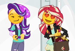 Size: 1009x682 | Tagged: safe, edit, edited screencap, imported from derpibooru, part of a set, screencap, starlight glimmer, sunset shimmer, human, equestria girls, mirror magic, spoiler:eqg specials, beanie, clothes, duo, emoji, emoji ponies, female, funny, hat, heart, heart eyes, implied lesbian, lesbian, looking at each other, looking at someone, meme, ok hand emoji, part of a series, shimmerglimmer, shipping, shitposting, smiling, thumbs up, torn clothes, wingding eyes, 👌, 👍, 😍, 😏