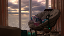 Size: 2625x1500 | Tagged: safe, artist:tahublade7, imported from derpibooru, princess flurry heart, anthro, plantigrade anthro, 3d, chair, clothes, cloud, cruise ship, daz studio, dress, female, flower, jar, luggage, panties, papasan, sandals, shell, sleeping, solo, suitcase, sunset, underwear