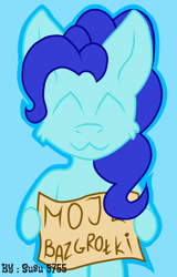 Size: 550x859 | Tagged: safe, artist:emilunika, imported from derpibooru, oc, oc only, pony, :3, blue, cheek fluff, eyes closed, limited palette, not pinkie pie, pinkie pie mane, polish, sign, solo, translated in the comments
