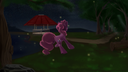 Size: 1920x1080 | Tagged: safe, artist:skyresonance, imported from derpibooru, pinkie pie, firefly (insect), pony, female, lake, night, solo, tree