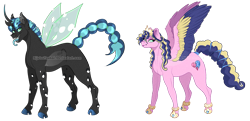 Size: 1705x825 | Tagged: safe, artist:bijutsuyoukai, imported from derpibooru, princess skyla, oc, oc:pupa, changeling, pegasus, pony, curved horn, female, mare, offspring, parent:princess cadance, parent:queen chrysalis, parent:shining armor, parents:shiningcadance, simple background, transparent background