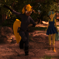 Size: 1500x1500 | Tagged: safe, artist:tahublade7, imported from derpibooru, lemon hearts, oc, oc:golden gear, anthro, unicorn, 3d, angry, boots, clothes, creek, dress, female, jumpsuit, mare, overalls, shoes, story included, tree, water
