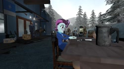 Size: 1280x720 | Tagged: safe, artist:horsesplease, imported from derpibooru, principal abacus cinch, dog, human, equestria girls, 3d, crossover, diary, flag, gmod, gun, inn, mercenary, mountain, snow, soldier, spy, story included, team fortress 2, weapon, writing