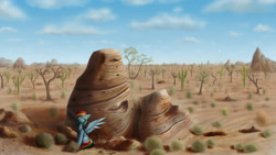 Size: 1920x1080 | Tagged: safe, artist:adagiostring, artist:setharu, imported from derpibooru, rainbow dash, pegasus, pony, backwards cutie mark, cactus, desert, eyes closed, female, mare, open mouth, rock, saguaro cactus, scenery, sitting, solo, spread wings, wings