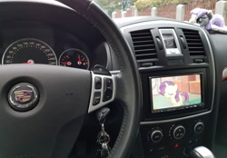 Size: 2872x2004 | Tagged: safe, imported from derpibooru, maud pie, rarity, cadillac, car, irl, photo, plushie, screen, steering wheel, watching