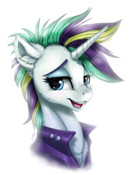 Size: 3513x4600 | Tagged: safe, artist:gaelledragons, imported from derpibooru, rarity, pony, unicorn, it isn't the mane thing about you, alternate hairstyle, bust, female, mare, open mouth, portrait, punk, raripunk, simple background, smiling, solo